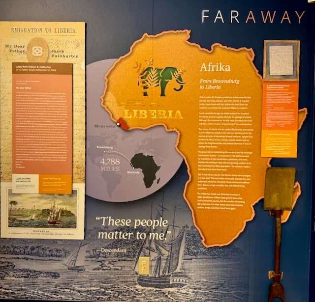 Brownsburg Museum exhibit panel titled “Afrika — From Brownsburg to Liberia,” with William Halliburton’s 1866 letter, a map of the 4,788-mile journey, and the words “These people matter to me.”